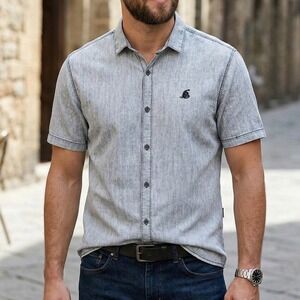 Among Equals Mens Chambray Button Down Shirt Size L Short Sleeve Cotton Casual